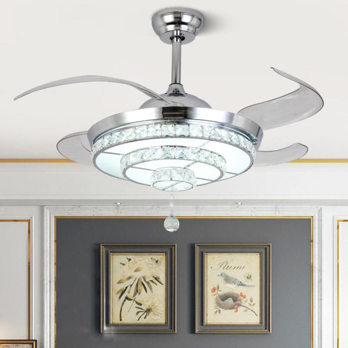 Modern Silver Round Crystal Decor Ceiling Fan Light Image - 13