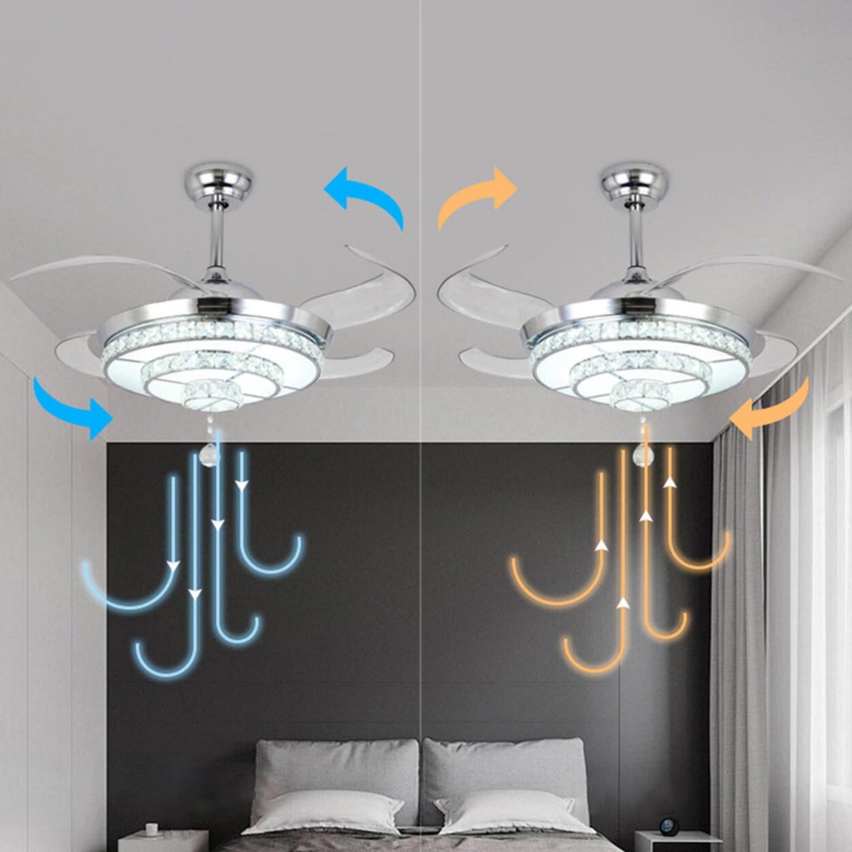 Modern Silver Round Crystal Decor Ceiling Fan Light Image - 15