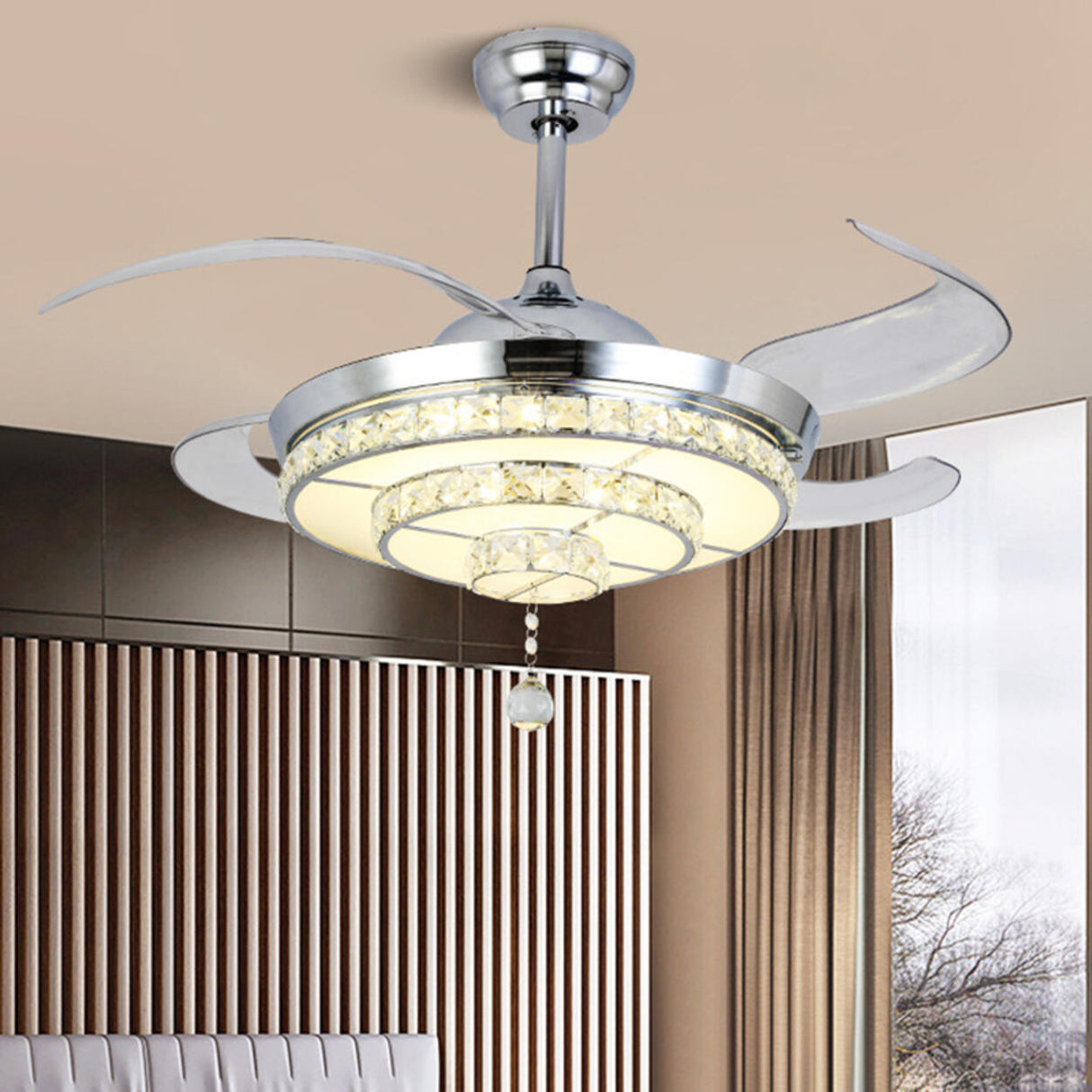 Modern Silver Round Crystal Decor Ceiling Fan Light Image - 2