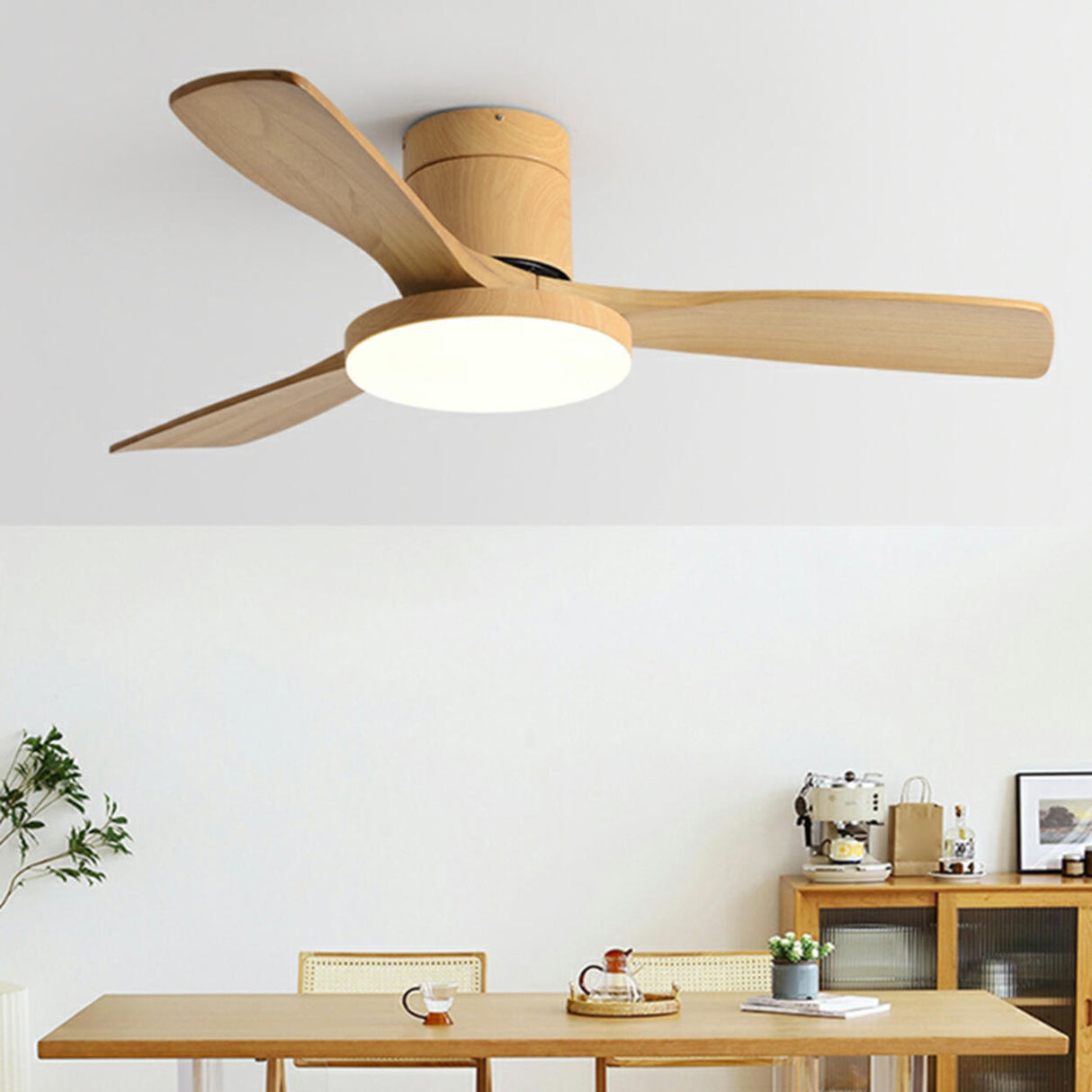 Modern Simple 3 Wood Blades Remote Ceiling Fan Light Image - 2