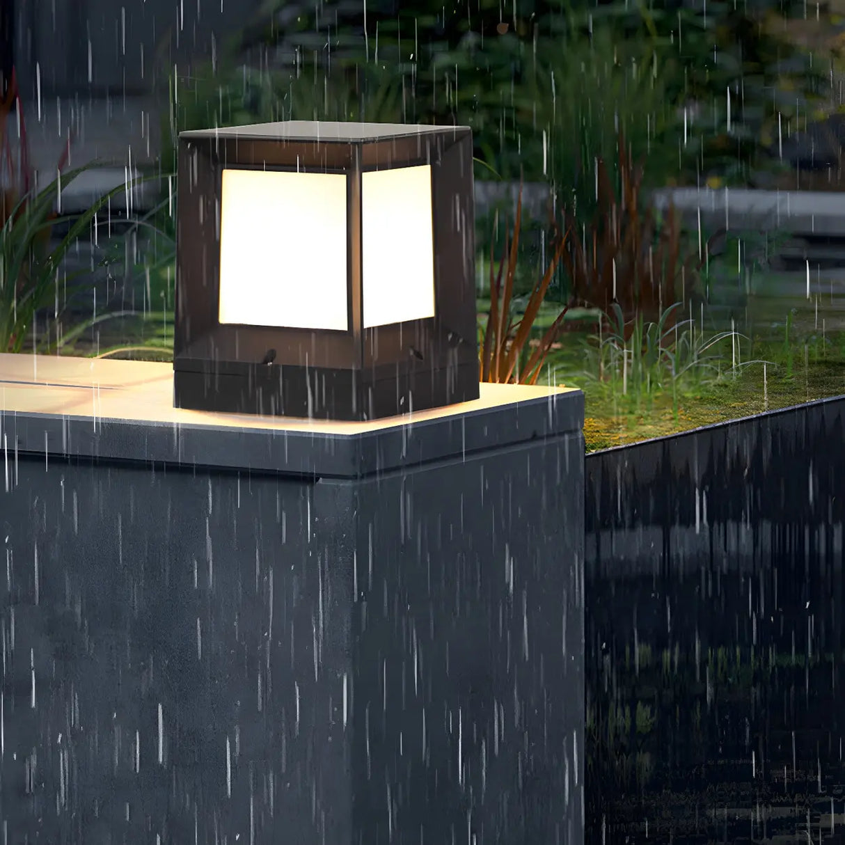 Modern Simple Black Cube Outdoor Metal LED Post Light Image - 3