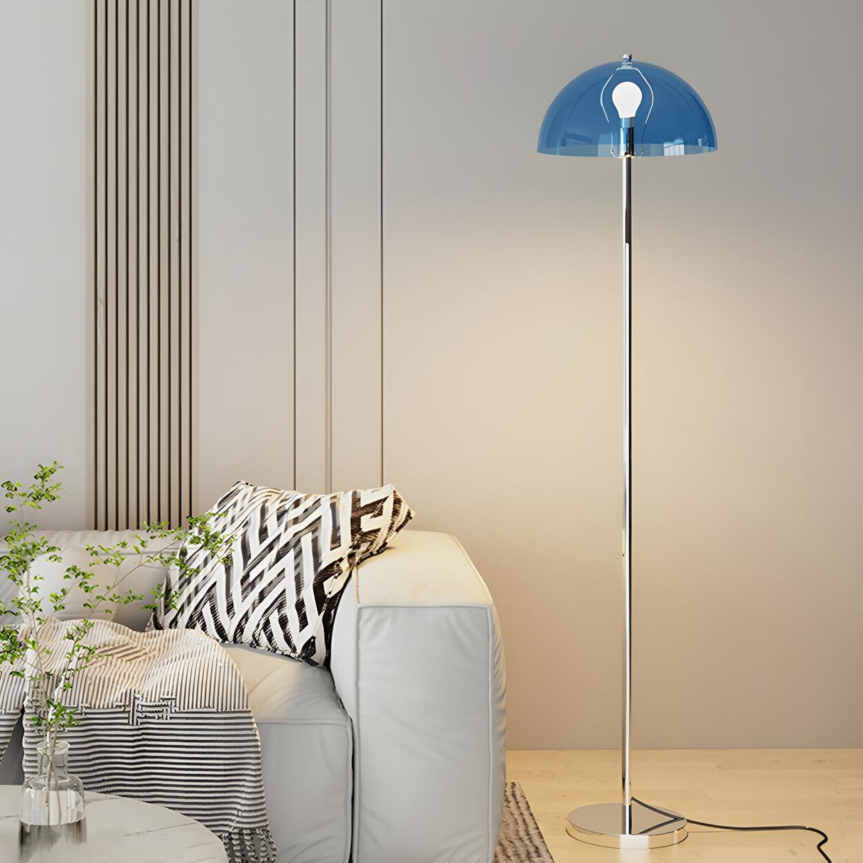 Modern Simple Blue Bowl Chrome Metal Floor Lamp Image - 14