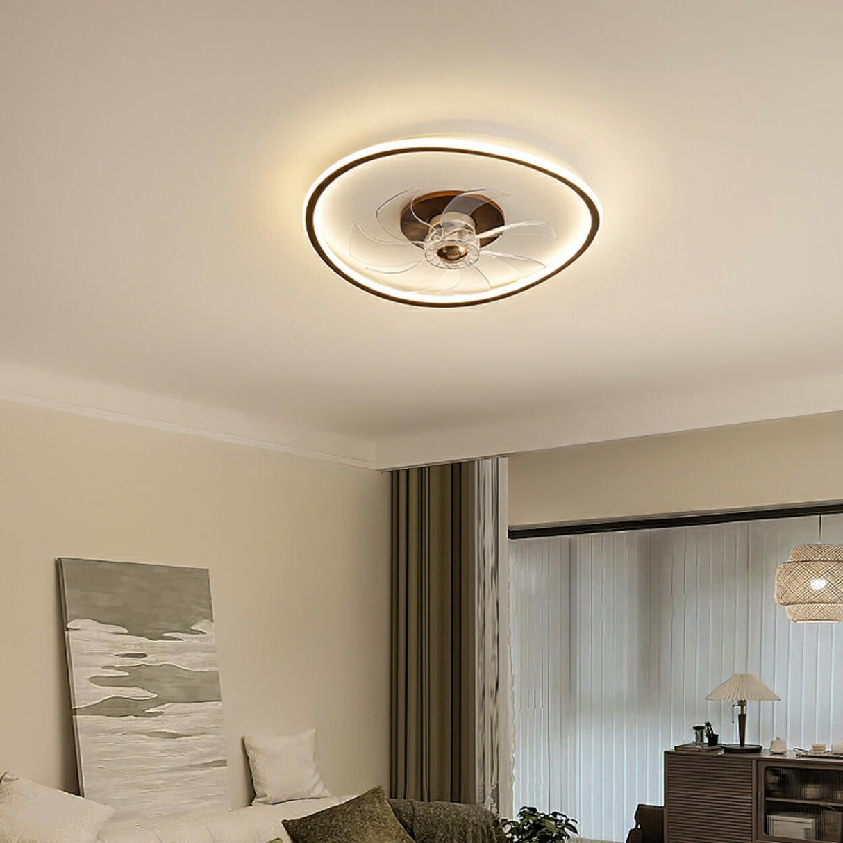 Modern Simple Circular Flush Ceiling Fan with Light Image - 4