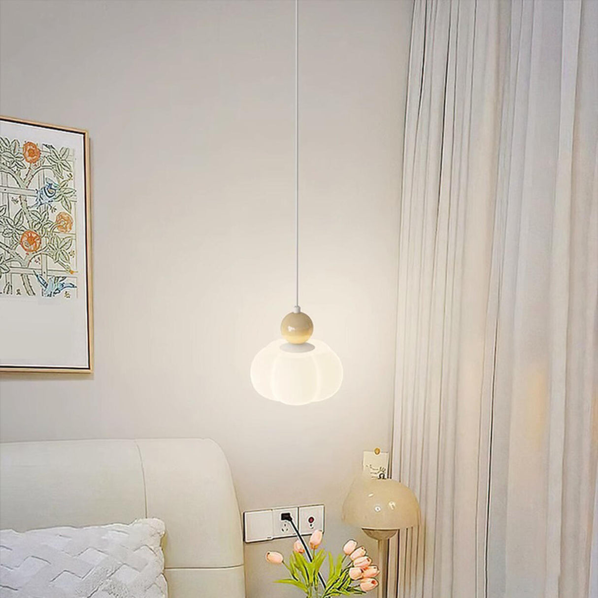 Modern Simple Globe White Pendant Light Bedroom Image - 1