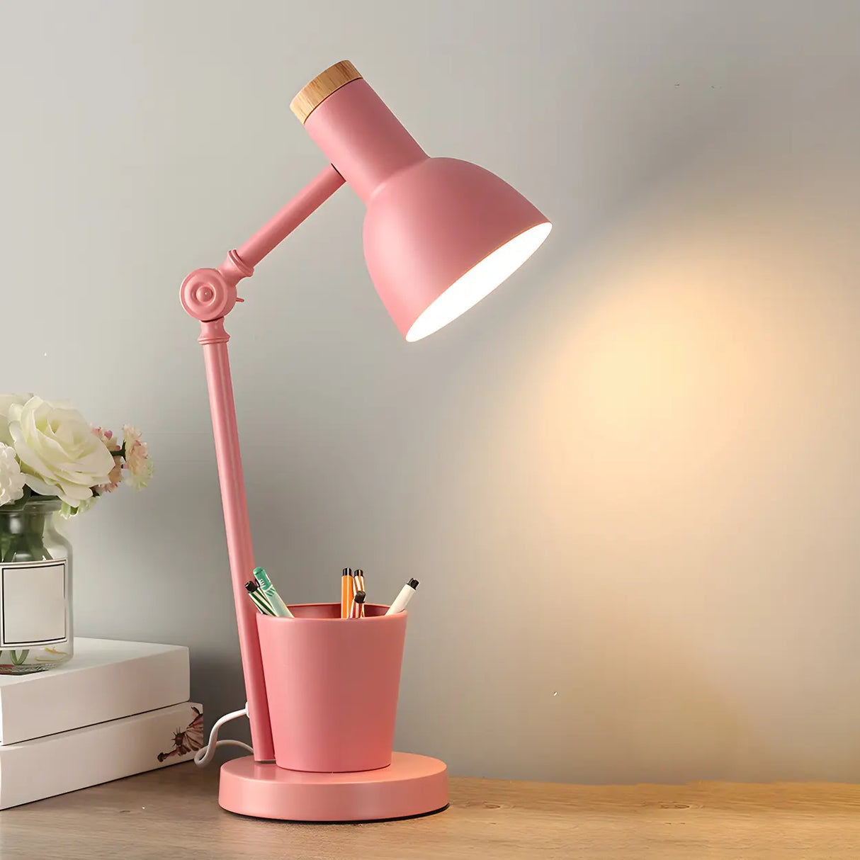 Modern Simple Pink Metal Table Lamp with Pen Holder Image - 1