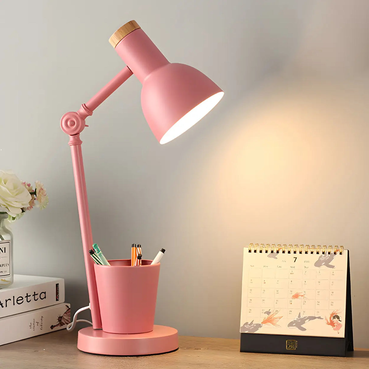 Modern Simple Pink Metal Table Lamp with Pen Holder Image - 15