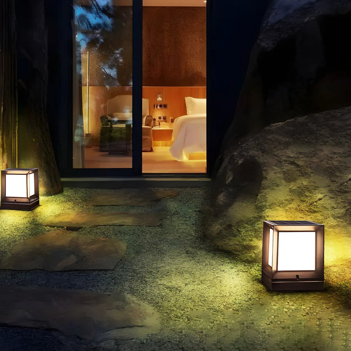 Modern Simple Solar Cube Black Outdoor Pathway Lamp Image - 4