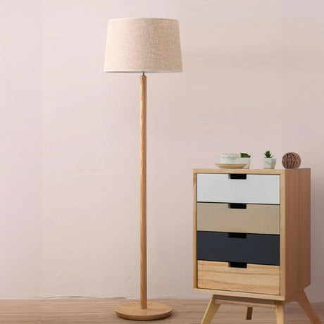 Modern Simple Standing Linen Drum Wooden Floor Lamp Image - 2