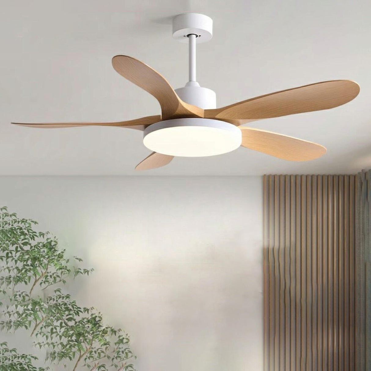 Modern Simple Wooden Blade Ceiling Fan with LED Light Image - 1