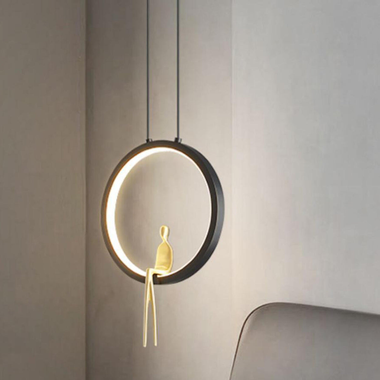 Modern Sitting Figure Circular Bedroom Pendant Light Image - 4