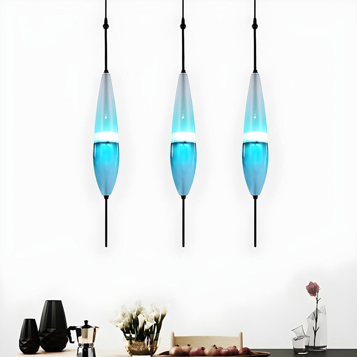 Modern Sleek Blue Glass Teardrop Dining Room Pendant Light Image - 1