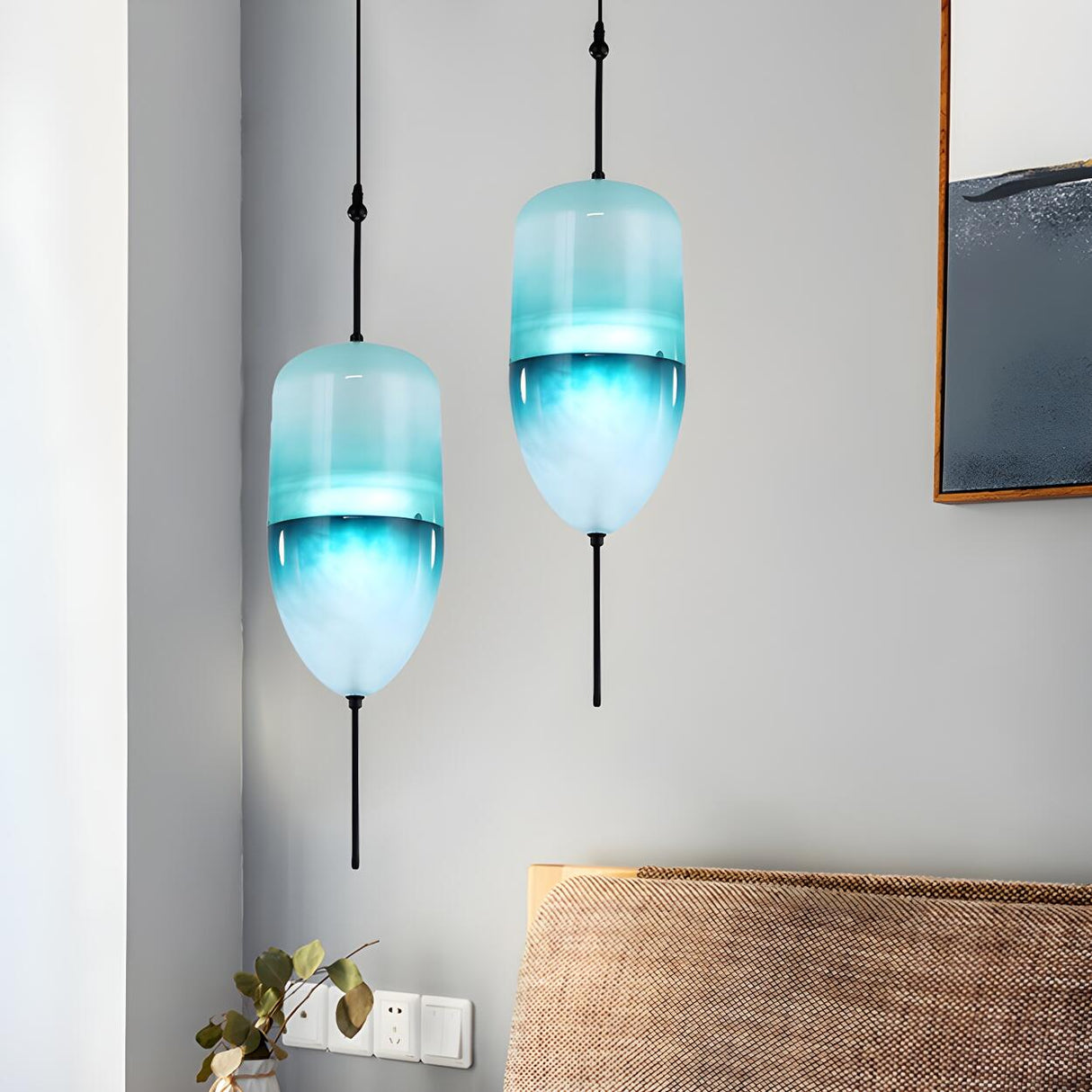 Modern Sleek Blue Glass Teardrop Dining Room Pendant Light Image - 6