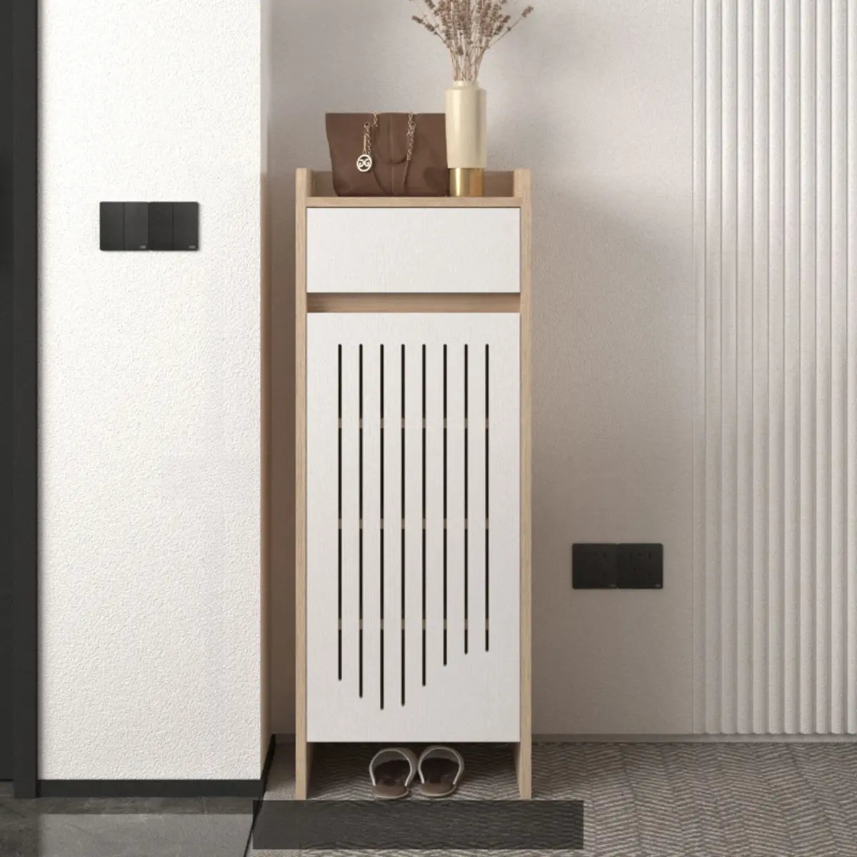 Modern Slim Wood Hallway Beige Medium Shoe Cabinet Image - 10