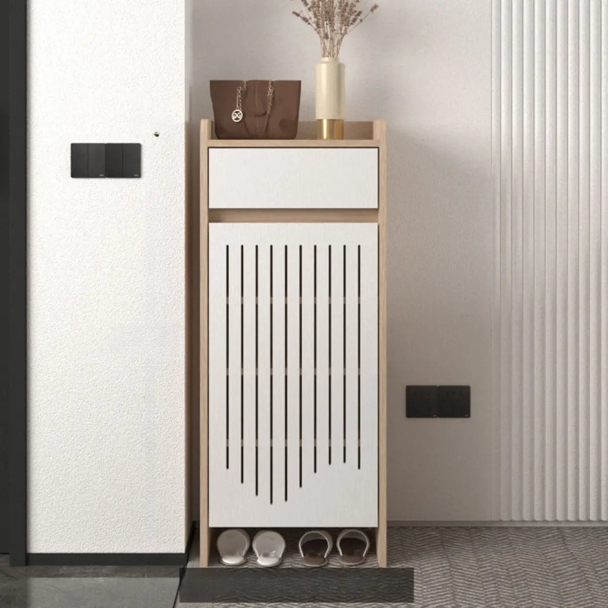 Modern Slim Wood Hallway Beige Medium Shoe Cabinet Image - 12