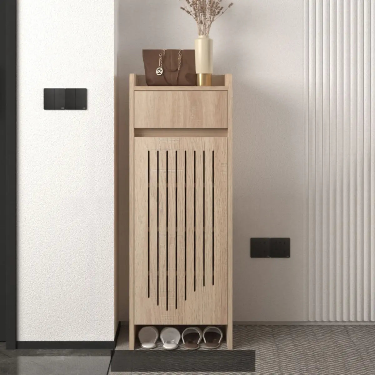 Modern Slim Wood Hallway Beige Medium Shoe Cabinet Image - 14