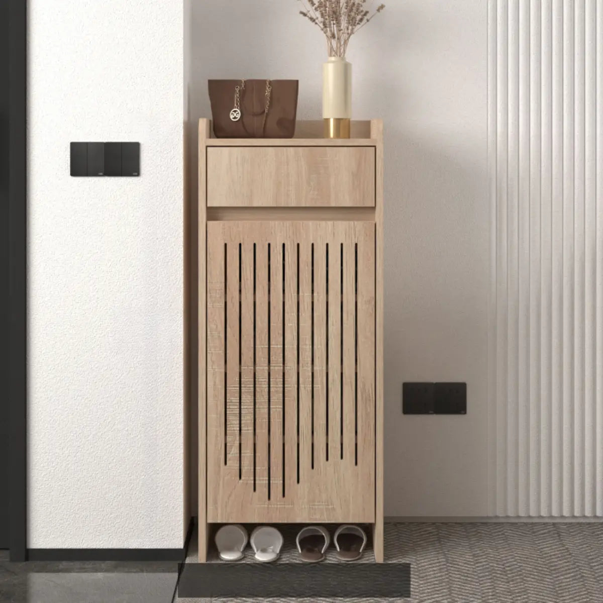 Modern Slim Wood Hallway Beige Medium Shoe Cabinet Image - 15