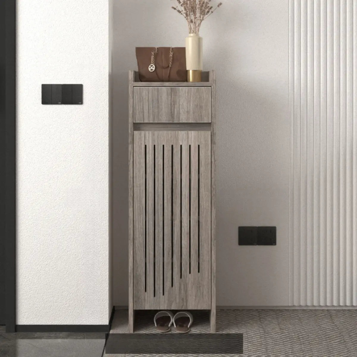 Modern Slim Wood Hallway Beige Medium Shoe Cabinet Image - 17