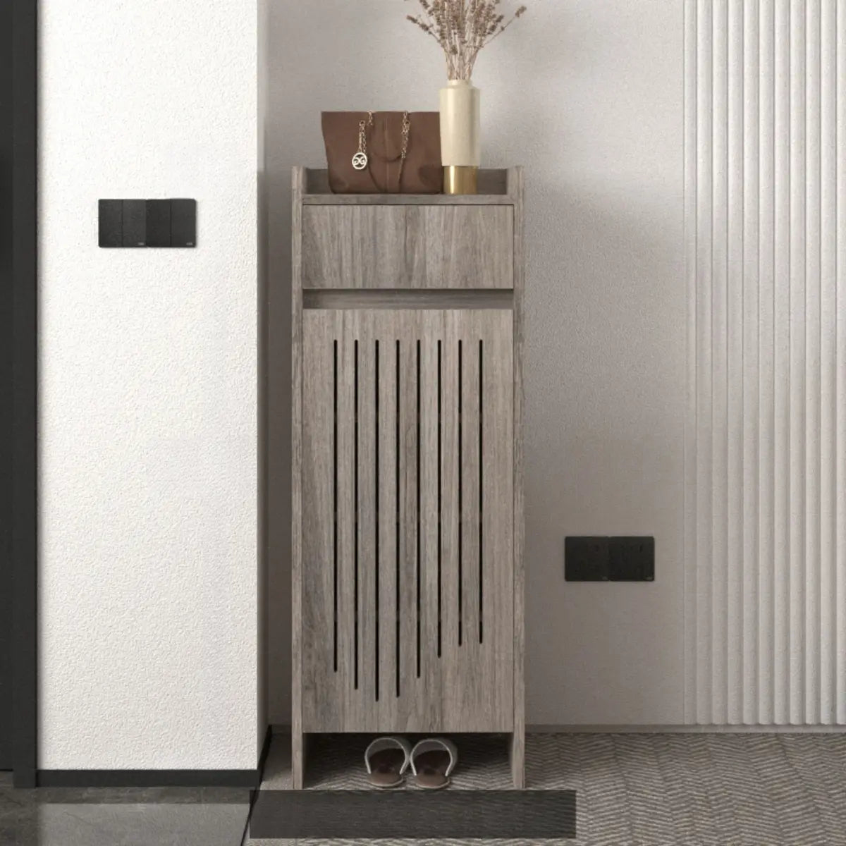 Modern Slim Wood Hallway Beige Medium Shoe Cabinet Image - 18