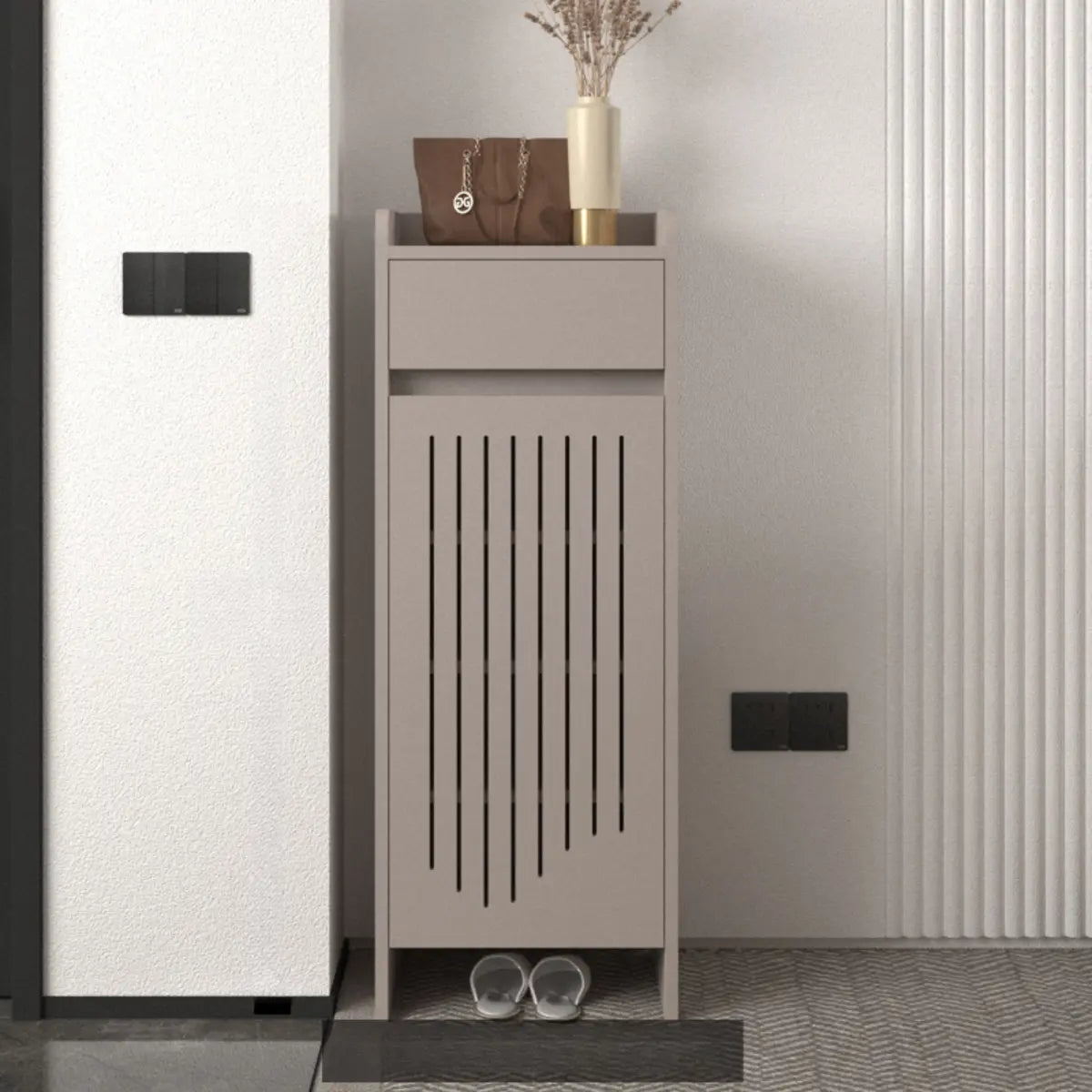 Modern Slim Wood Hallway Beige Medium Shoe Cabinet Image - 19