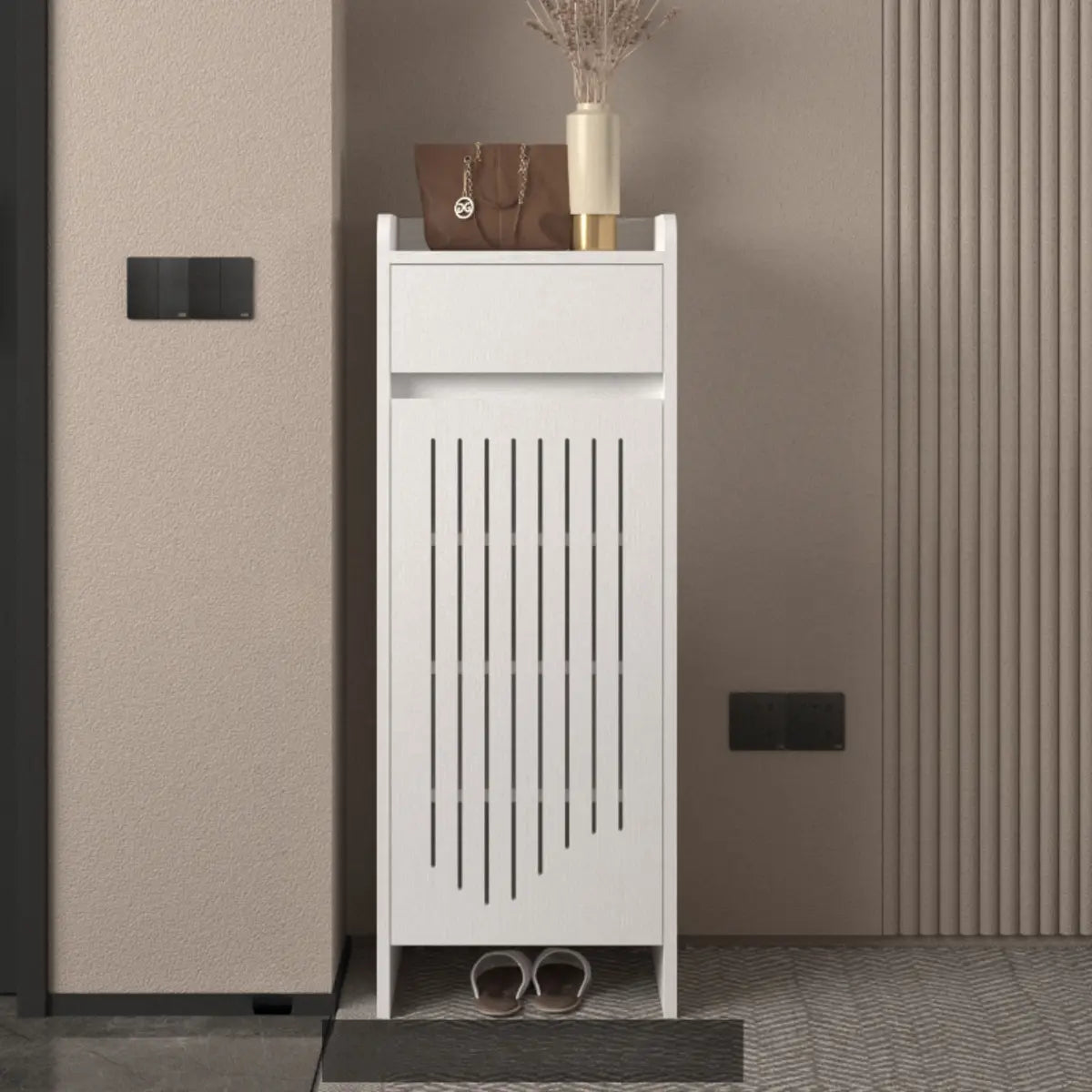 Modern Slim Wood Hallway Beige Medium Shoe Cabinet Image - 23