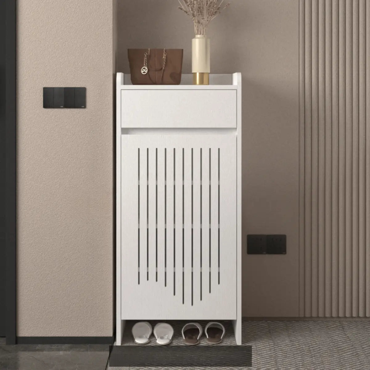 Modern Slim Wood Hallway Beige Medium Shoe Cabinet Image - 25