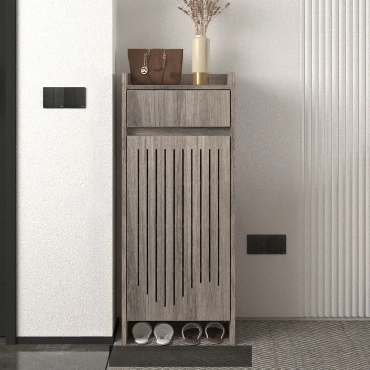 Modern Slim Wood Hallway Beige Medium Shoe Cabinet Image - 26