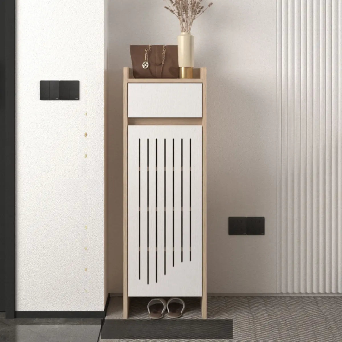 Modern Slim Wood Hallway Beige Medium Shoe Cabinet Image - 27