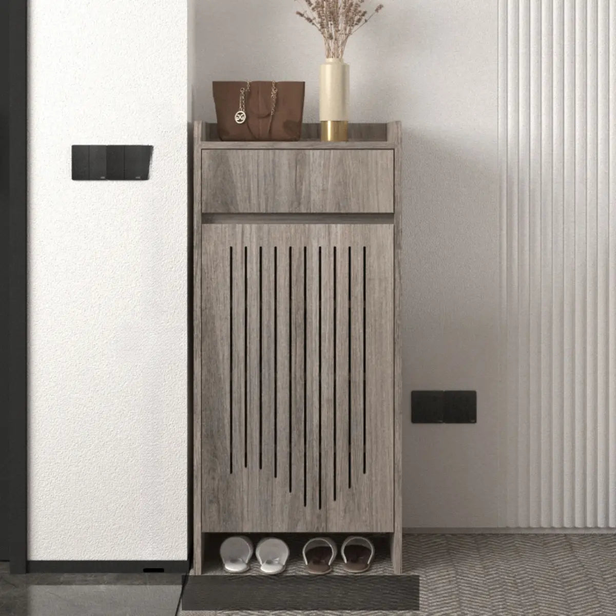 Modern Slim Wood Hallway Beige Medium Shoe Cabinet Image - 4