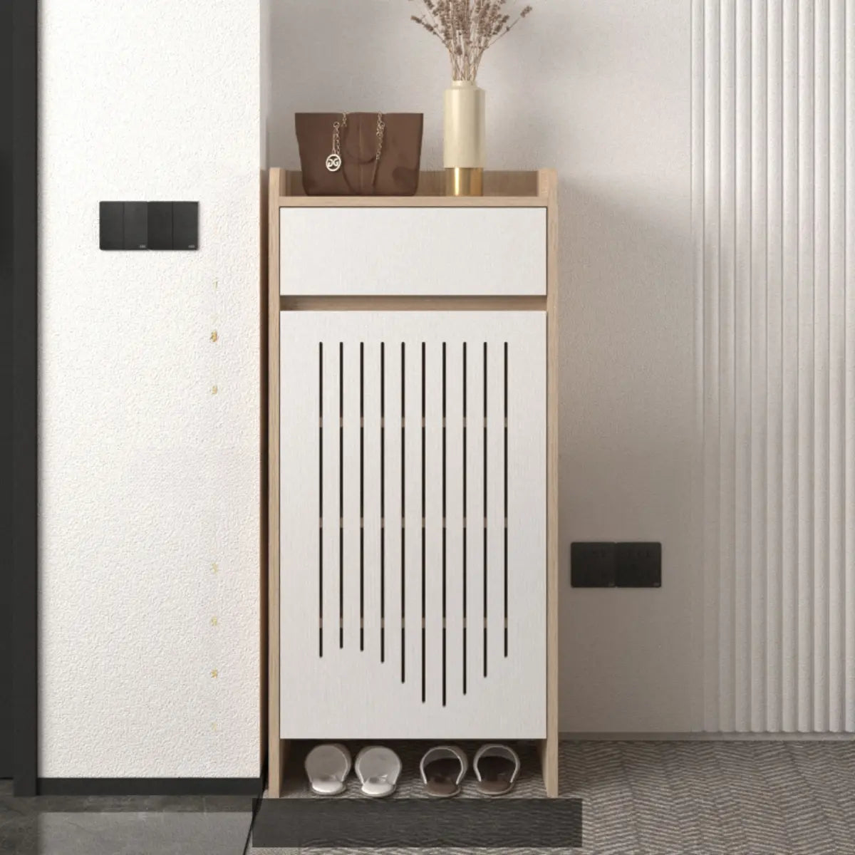 Modern Slim Wood Hallway Beige Medium Shoe Cabinet Image - 6