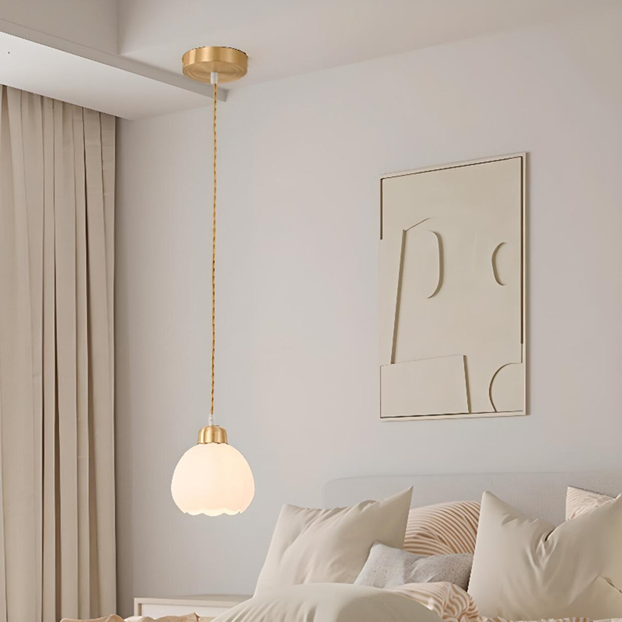 Modern Small Brass White Glass Ball Pendant Light Bedroom Image - 1