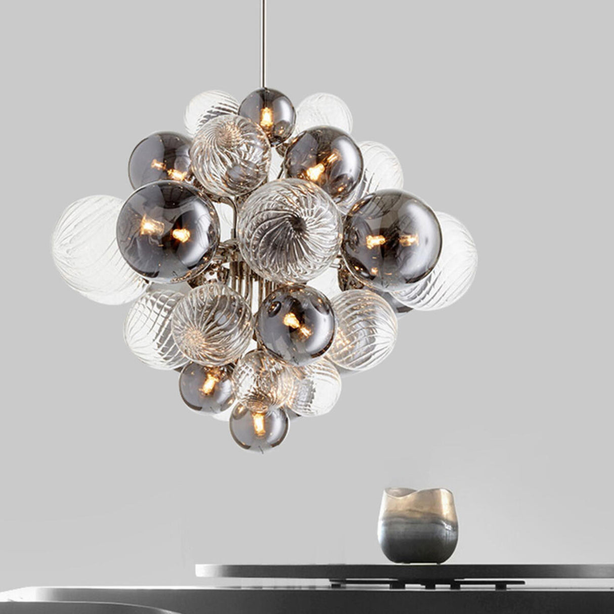 Modern Smoky Glass Bubble Chandelier Adjustable Height Image - 2