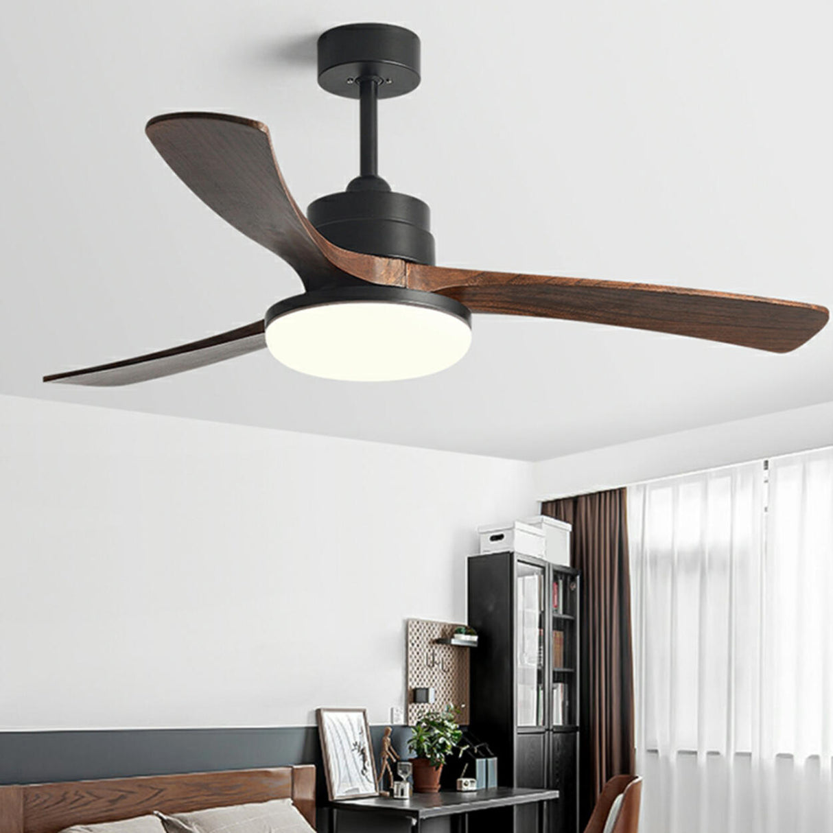 Modern Solid Wood Blade LED Standard Ceiling Fan Light Image - 4