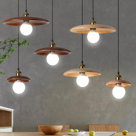 Modern Solid Wood Disc UFO Pendant Lights Flexible Length Image - 1