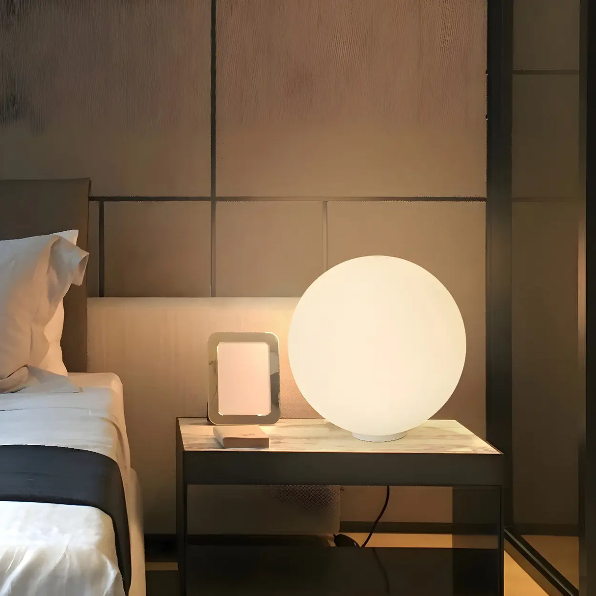 Modern Sphere Glass Bedside Lamp White Ambient Light Image - 1