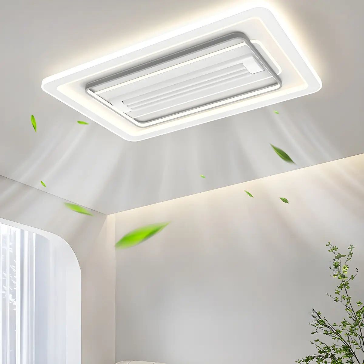 White Geometric Flush Bladeless Ceiling Fan with Light Image - 18