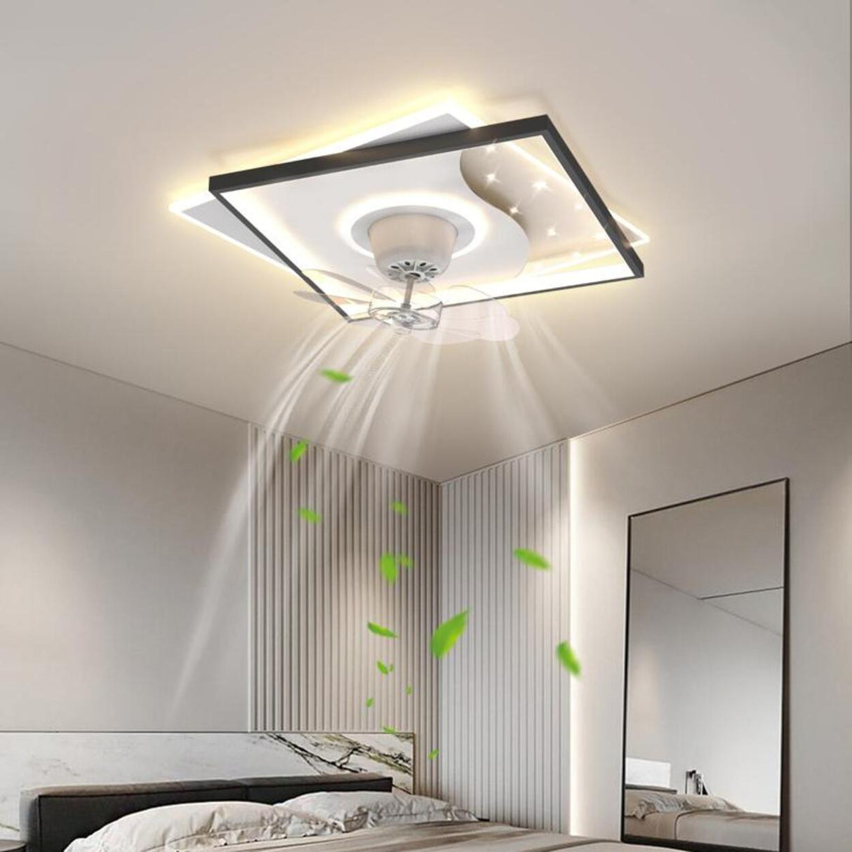 Modern Square Geometric 7 Blade Flush Ceiling Fan Light Image - 1