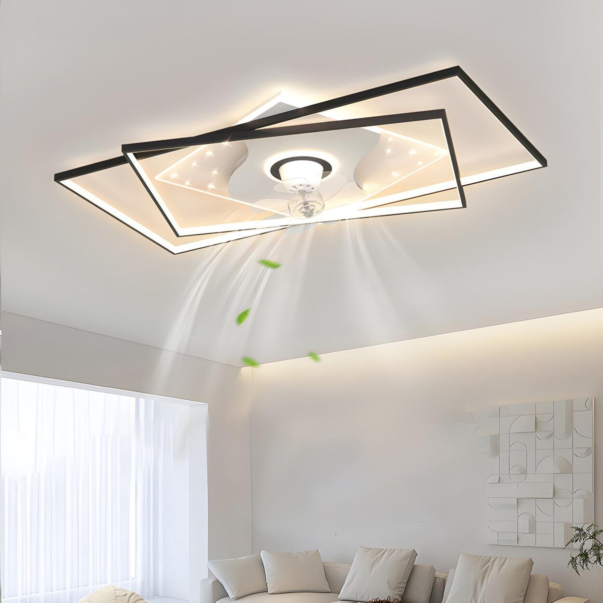 Modern Square Geometric 7 Blade Flush Ceiling Fan Light Image - 18