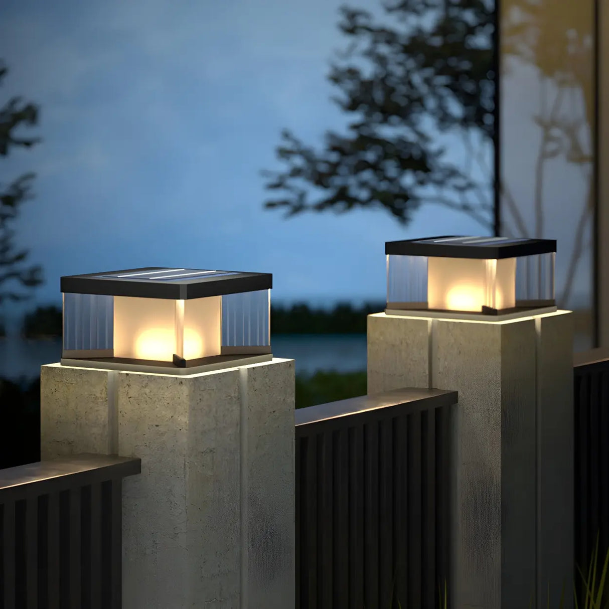 Modern Square Glass Solar Outdoor LED Post Table Lamp Image - 1