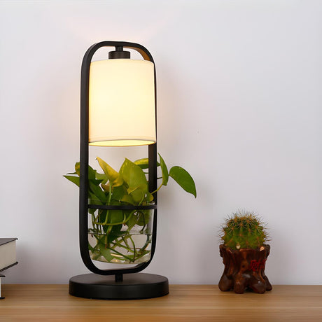 Modern Square Plant Stand Cylindrical Shade Table Lamp Image - 1