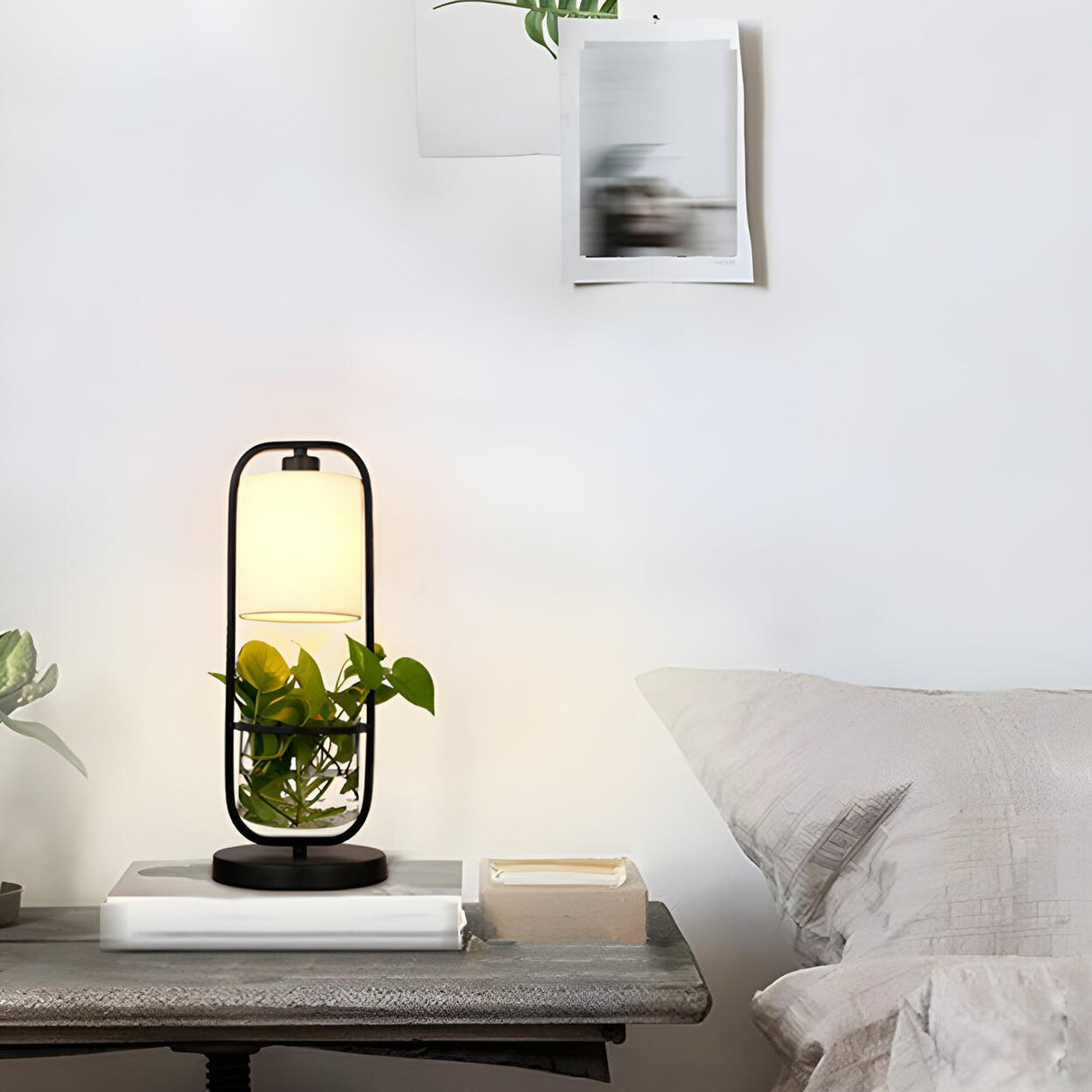 Modern Square Plant Stand Cylindrical Shade Table Lamp Image - 15