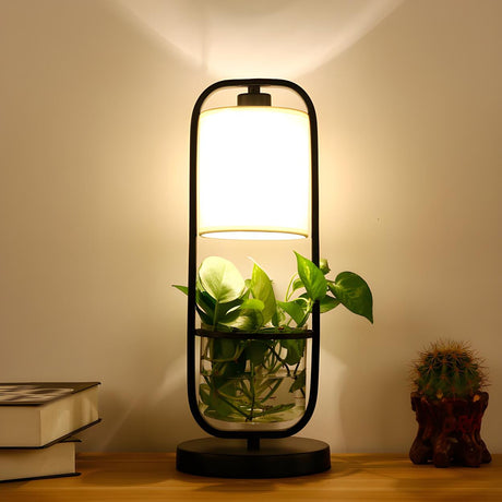 Modern Square Plant Stand Cylindrical Shade Table Lamp Image - 2