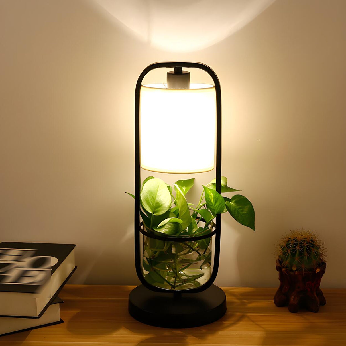 Modern Square Plant Stand Cylindrical Shade Table Lamp Image - 3