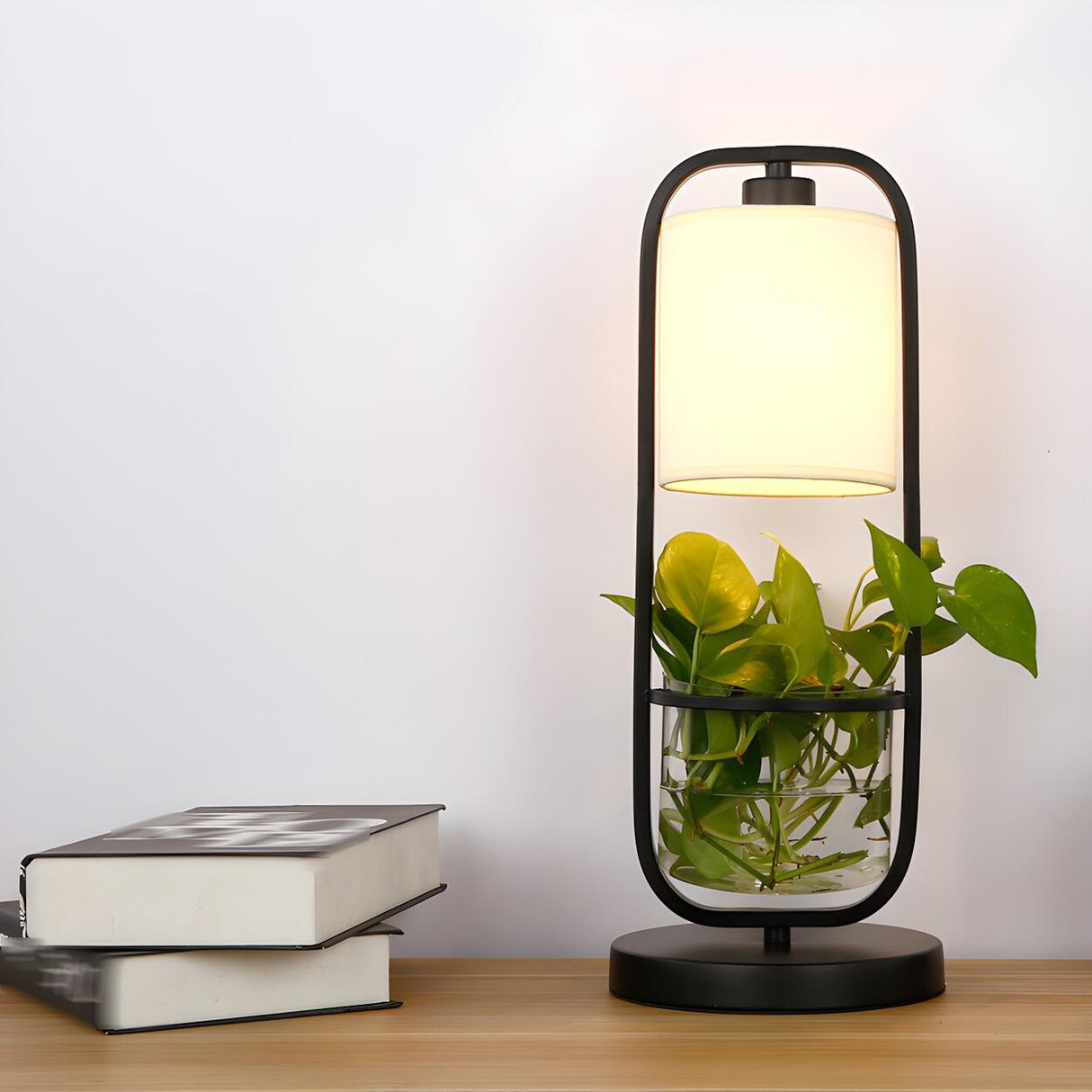 Modern Square Plant Stand Cylindrical Shade Table Lamp Image - 4