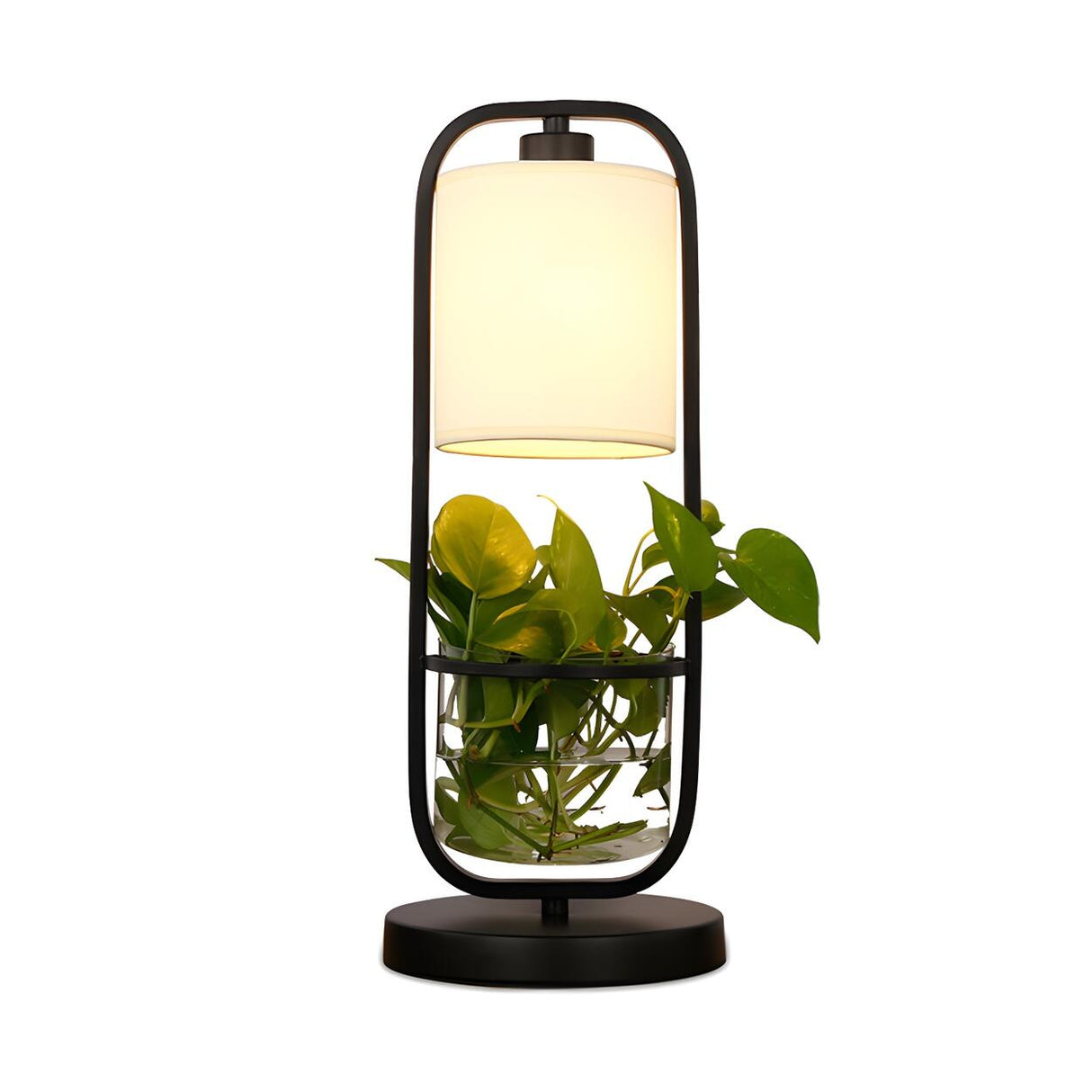 Modern Square Plant Stand Cylindrical Shade Table Lamp Image - 5