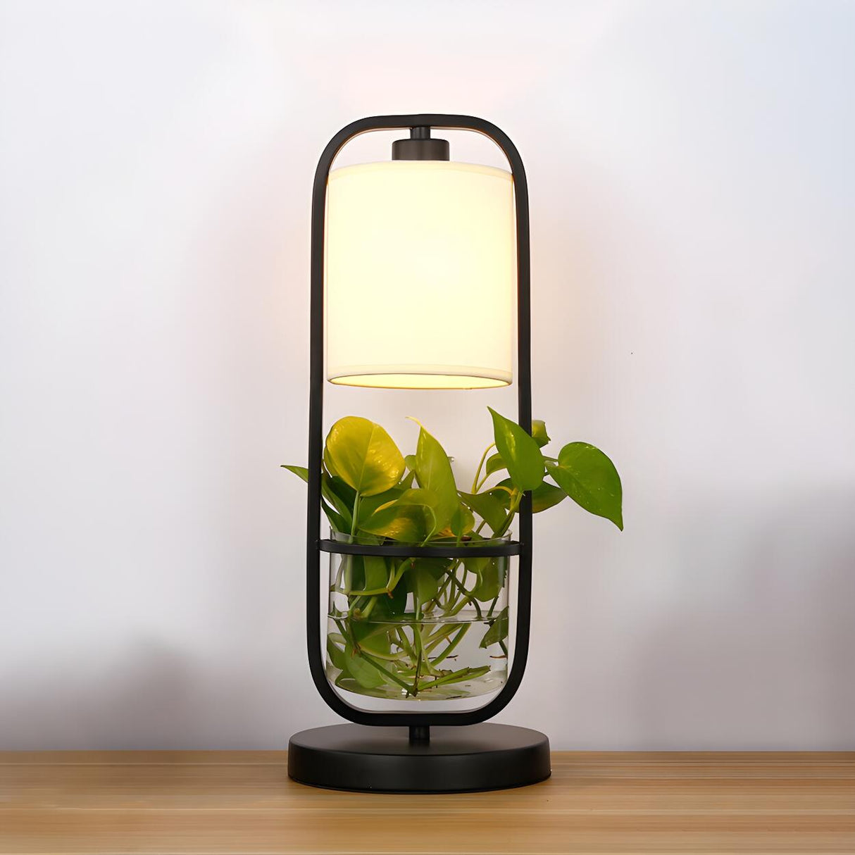 Modern Square Plant Stand Cylindrical Shade Table Lamp Image - 6