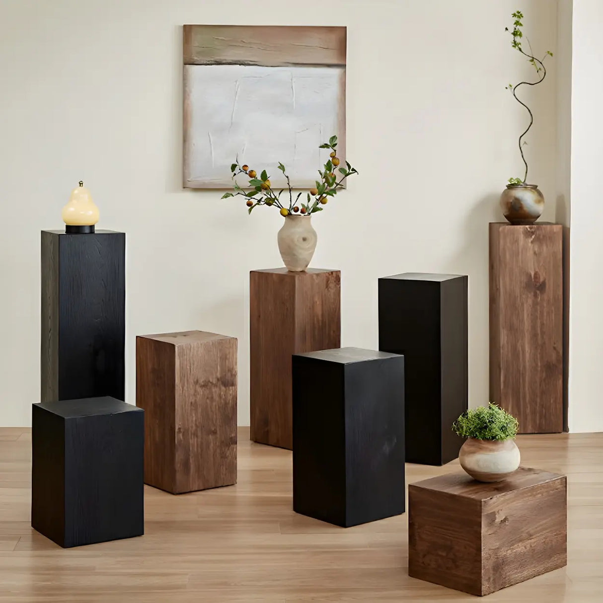 Modern Square Solid Wood Black Brown Floor Plant Stand Image - 1