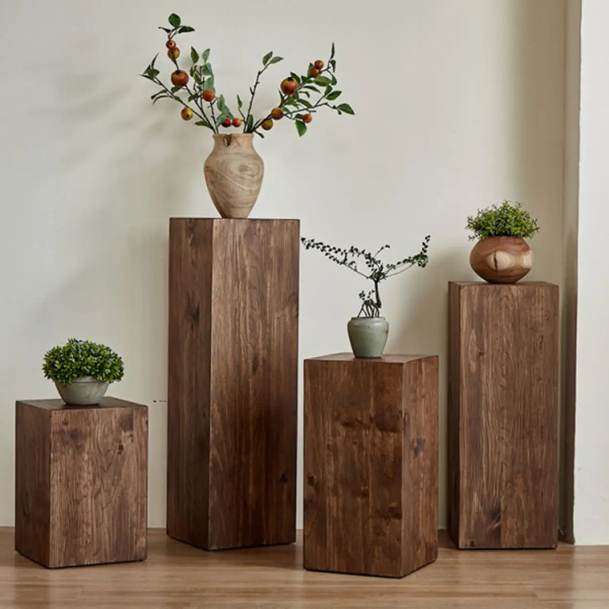 Modern Square Solid Wood Black Brown Floor Plant Stand Image - 4