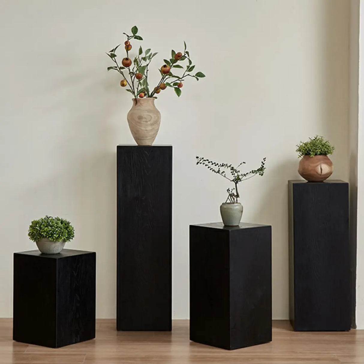 Modern Square Solid Wood Black Brown Floor Plant Stand Image - 5