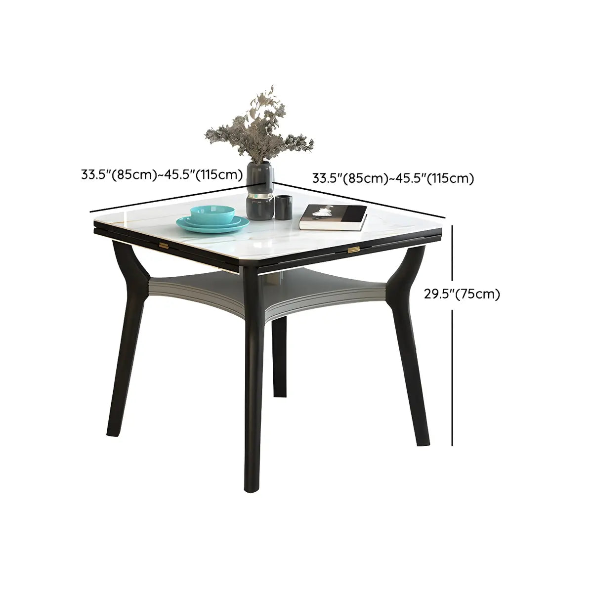 Modern Square Stone Dining Table White Foldable Leaf 