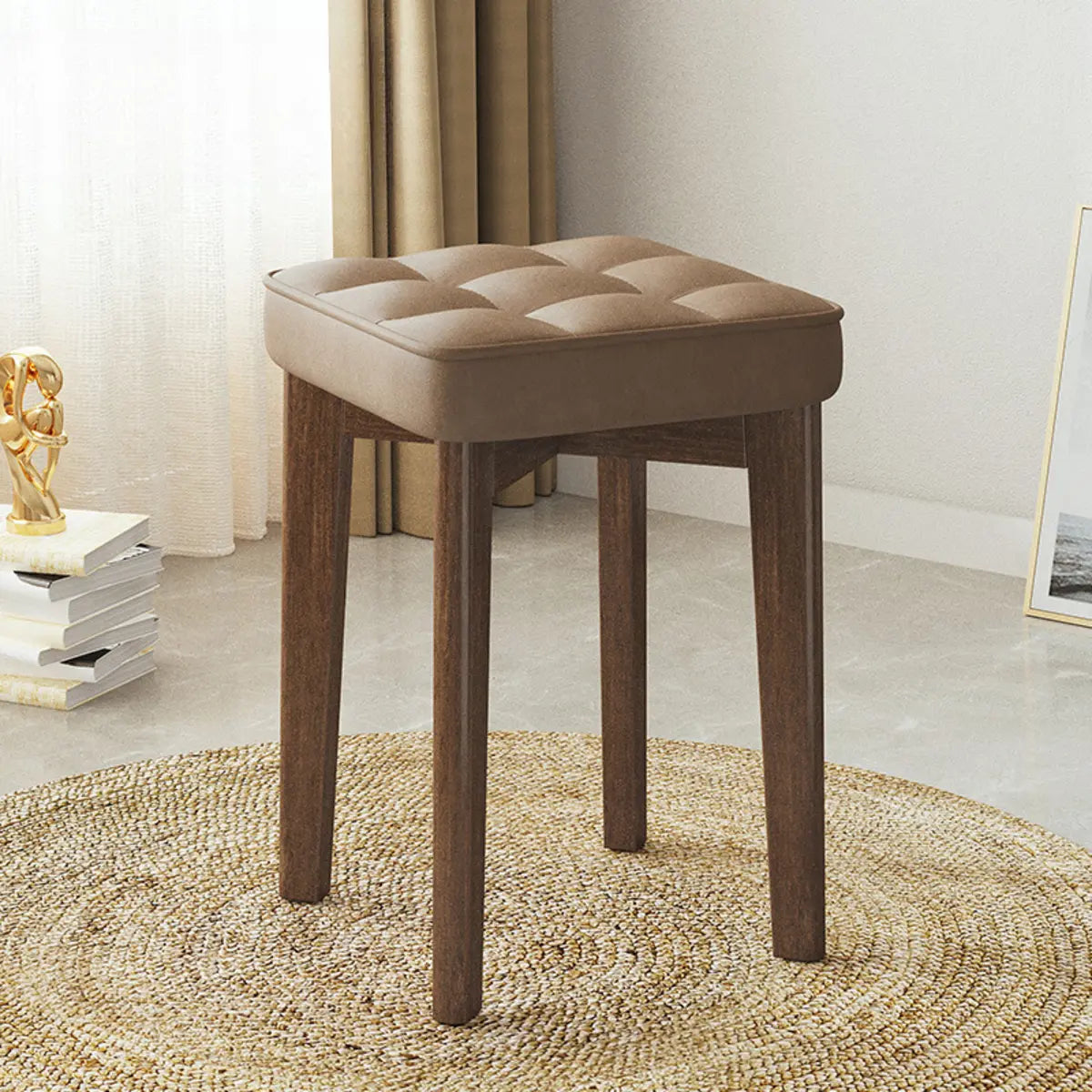 Modern Square Wood Office Stool Beige Upholstered Seat Image - 14